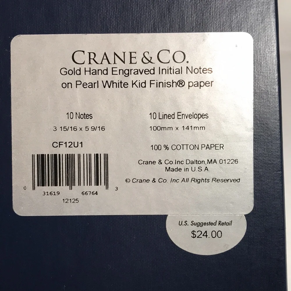Crane & Co. Gold Engraved Letter  (U) Notes on Pearl White Kid Finish Paper